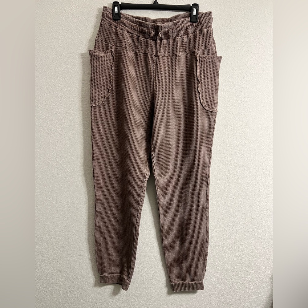 Rae Mode Women’s Waffle Knit Jogger Pants with Drawstrings in Brown - Picture 2 of 9